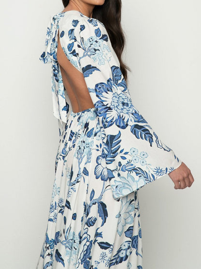 Deep V Neck Backless Printed Beach Dress