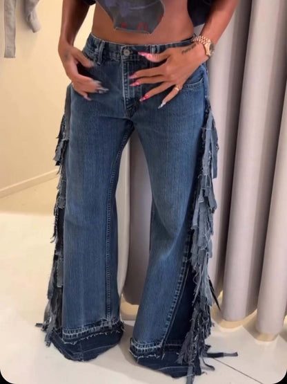 Fashion Denim Wide Leg Fringe Jeans