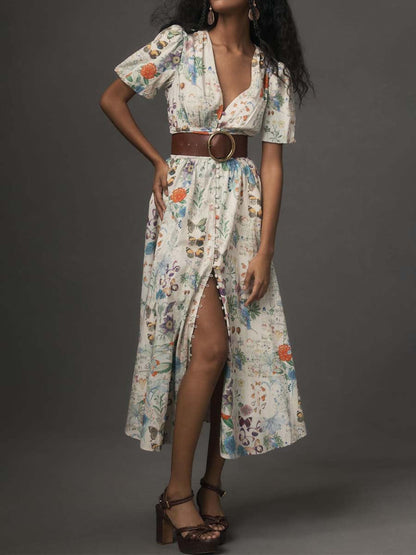 Deep V Neck Button-Front Printed Dress