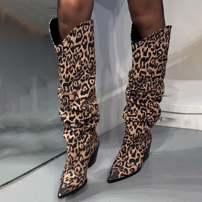 Fashion Pointed Leopard Chunky Heel Boots