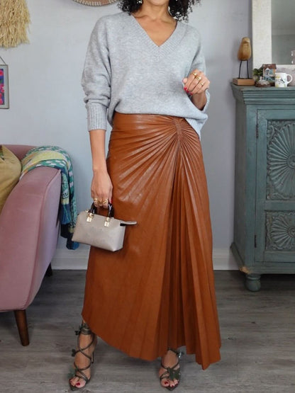 PU Asymmetric Hem Pleated Skirt