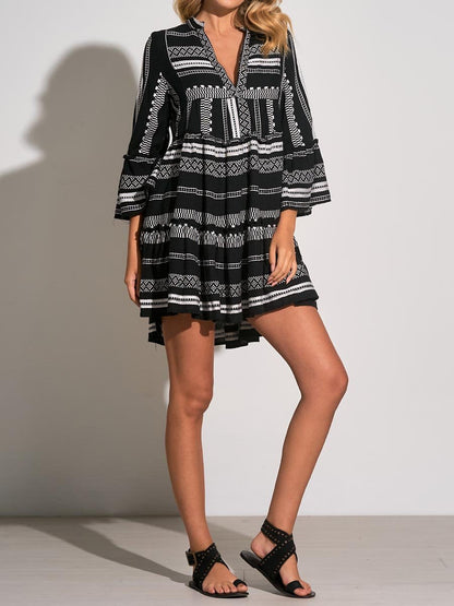 V Neck Loose Printed Mini Dress