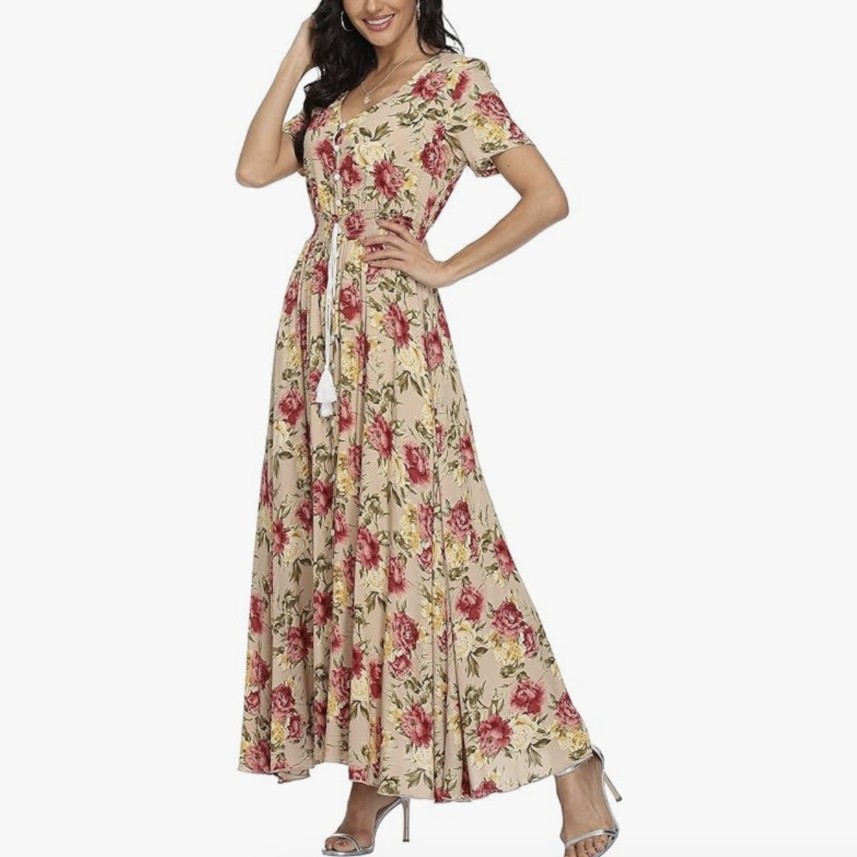 VintageClothing Women's Floral Print Maxi Dresses Boho Button Up Split Beach Party Dress