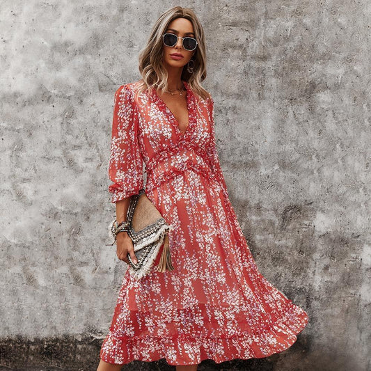 Women's All Over Print V Neck Long Sleeve Ruffle Hem Boho Midi Dress