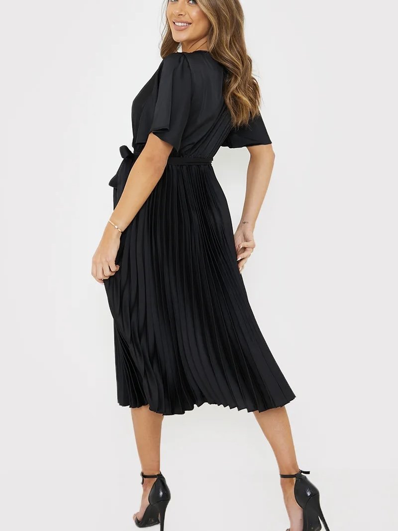 Black Pleated Wrap Midi Dress