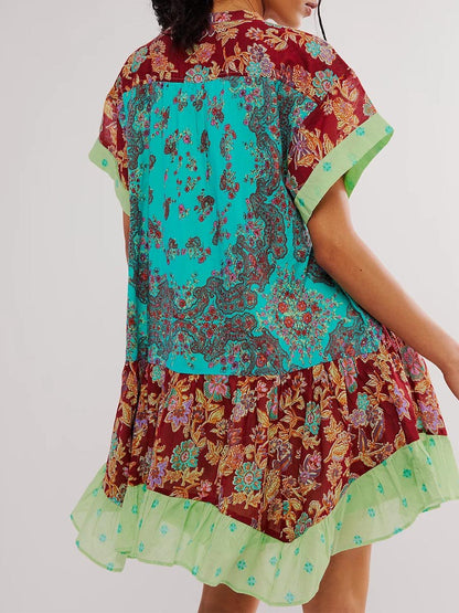 Bohemian Printed Short Sleeve Pocket V Neck Dress