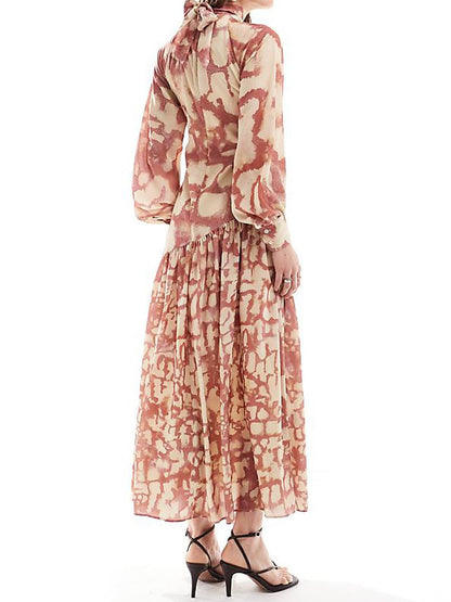 High Neck Dropped Asymmetric Seam Printed Maxi Dress