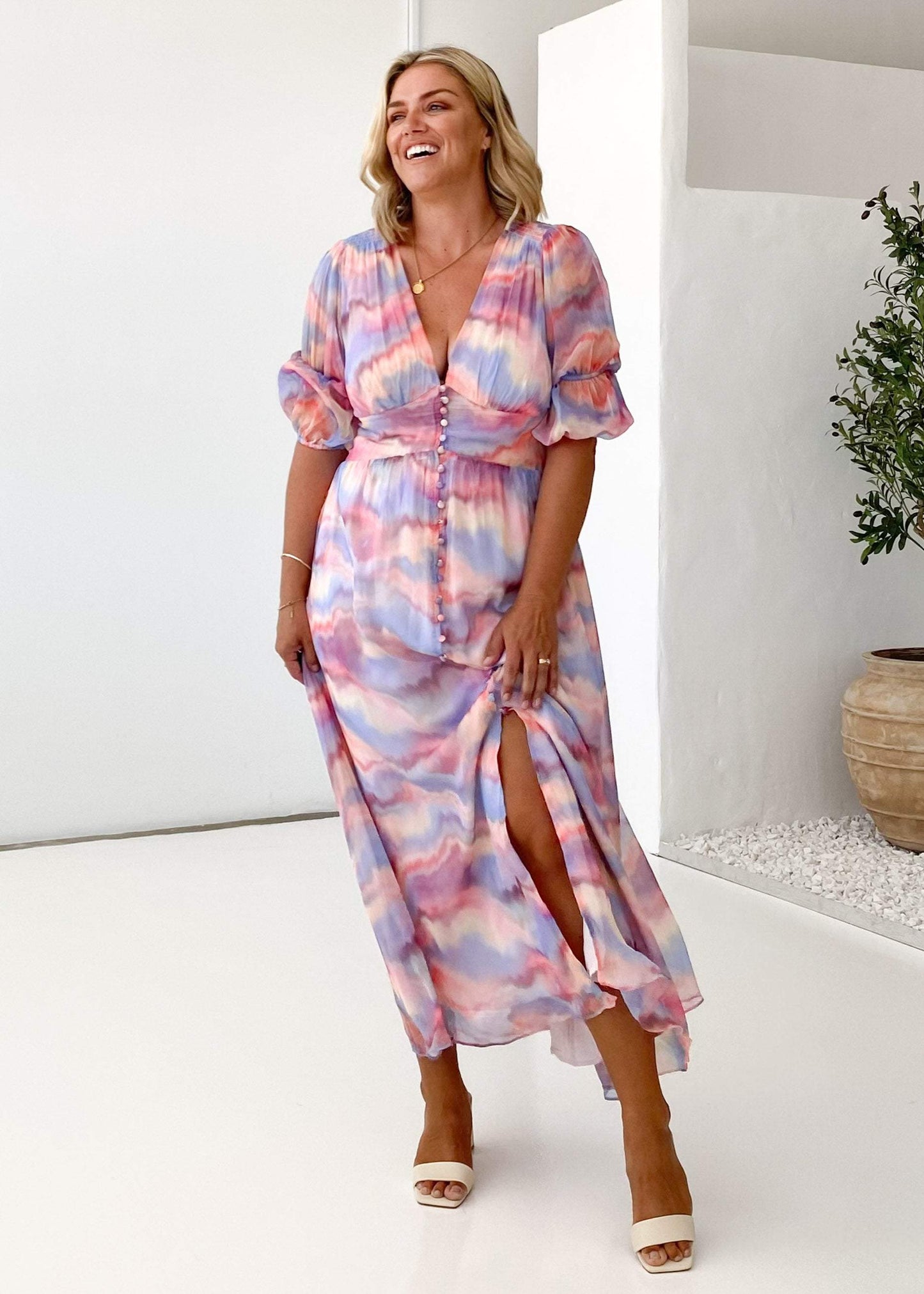 V-neck multi-color midi dress