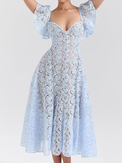 Square Collar Floral Lace Midi Dress