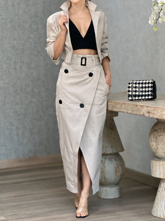 Casual Elegant Button Up Belt Two Pieces Dress