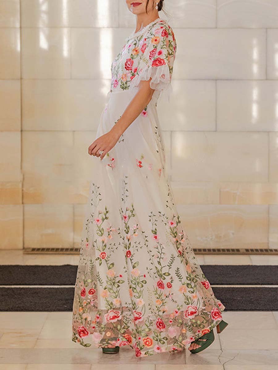 Floral Embroidery Mesh See-through Wedding Dress