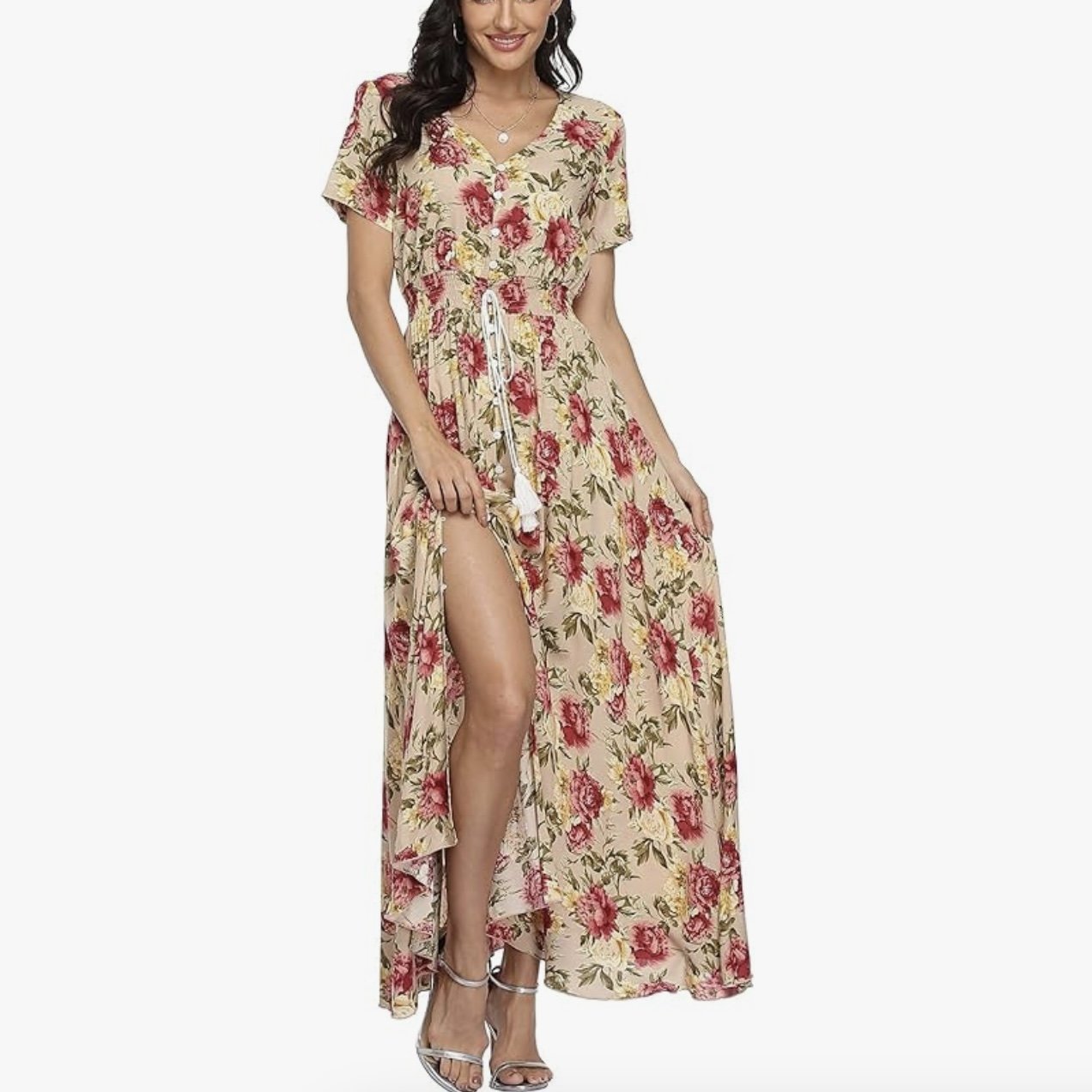 VintageClothing Women's Floral Print Maxi Dresses Boho Button Up Split Beach Party Dress