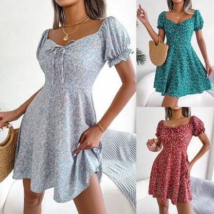 Women Style Casual Horn Sleeve Drawstring Lace Floral Dress