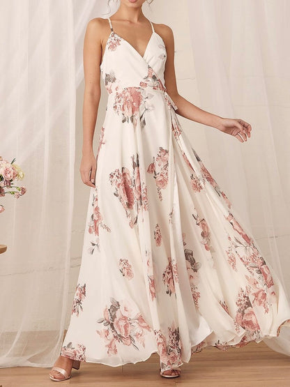 Elegantly Inclined Cream Floral Print Wrap Maxi Dress