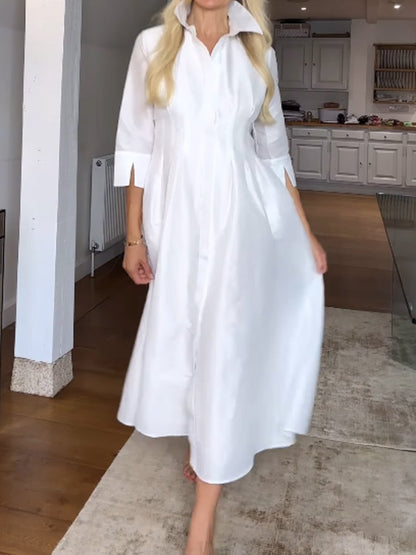 White Elegant Shirt Midi Dress