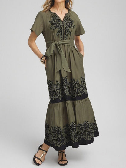 Cotton Embroidered Belted Tier Dress