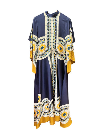 Stand-up Collar Waterfall Sleeve Printed Maxi Dress