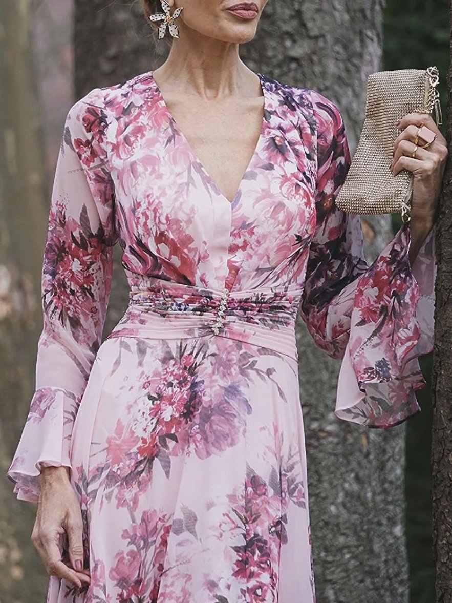 Elegant Printed Peach Blossom Dress