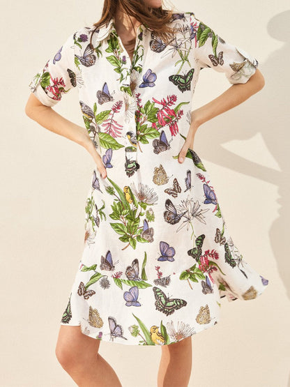 Butterfly Print Elegant Midi Shirt Dress