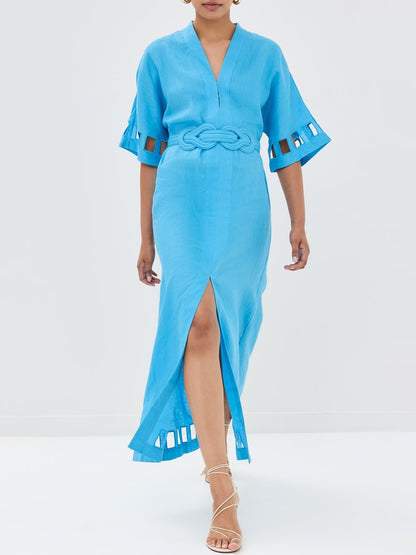 Hollowed Out V Neck Belted Slit Hem Dress