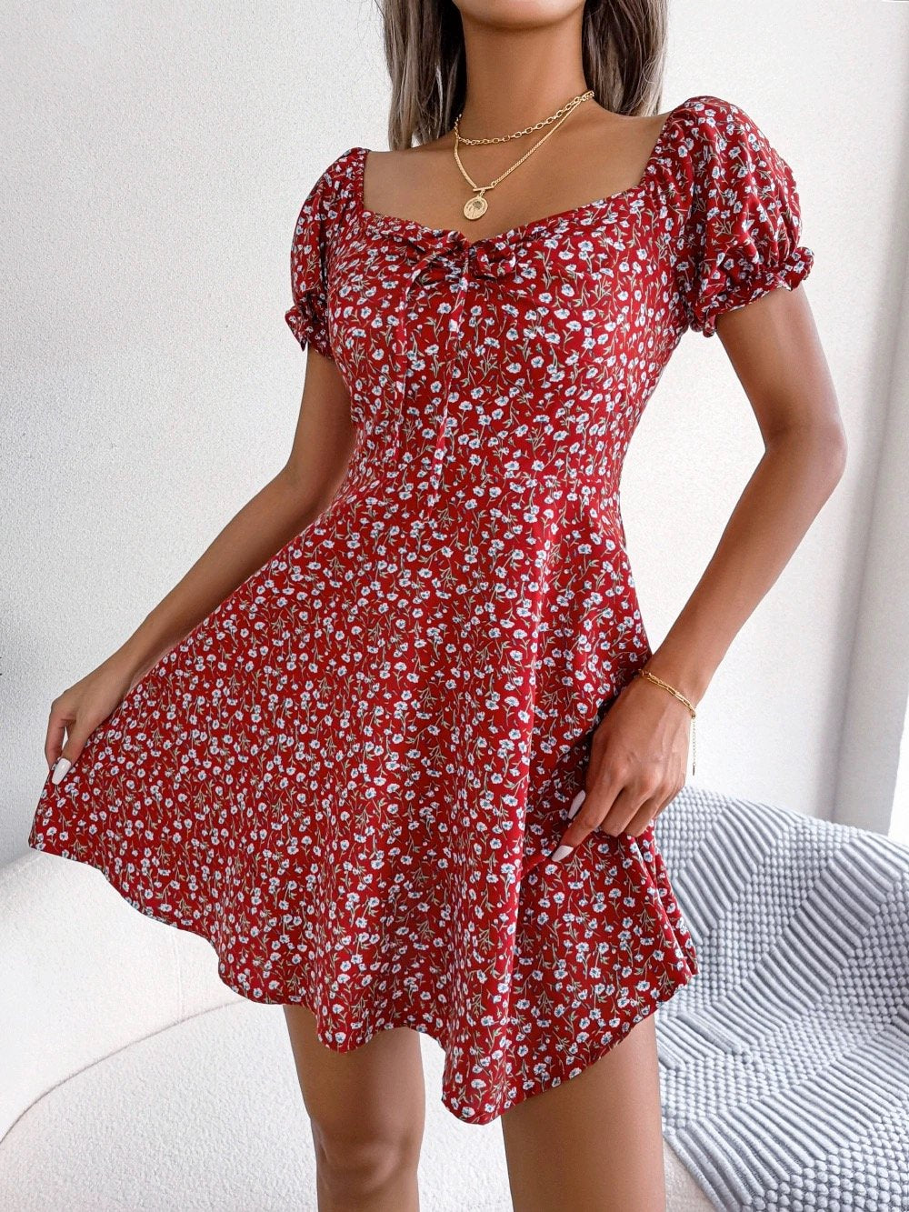 Women Style Casual Horn Sleeve Drawstring Lace Floral Dress