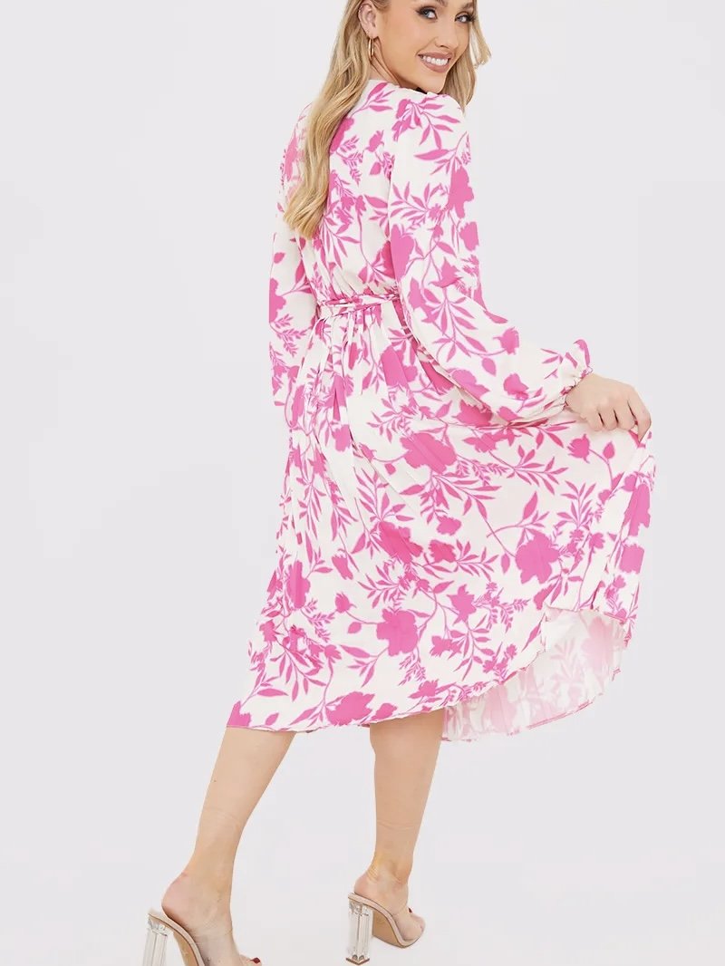 Floral Print Long Sleeve Pleated Midi Dress