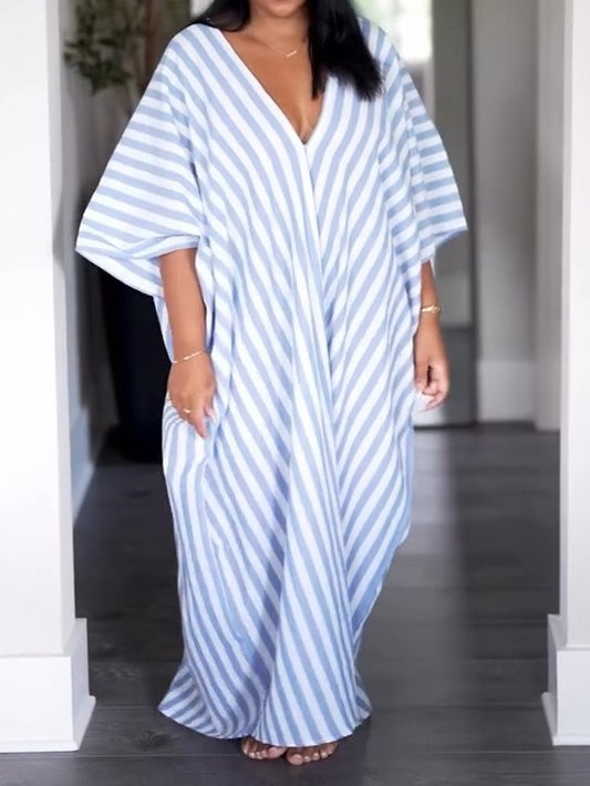 Striped Print Batwing Sleeve Casual Dress