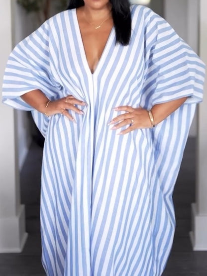 Striped Print Batwing Sleeve Casual Dress