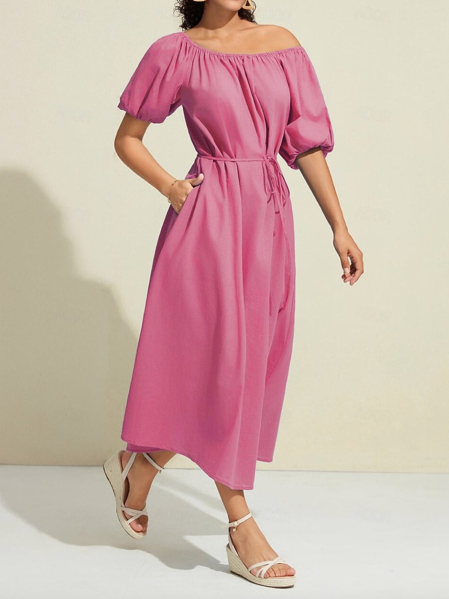 Cotton A Line Ruched Belted One Shoulder Maxi Dress