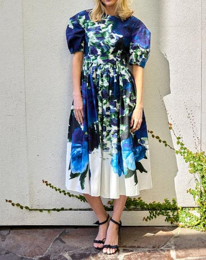 Blue Floral A-line Midi Dress