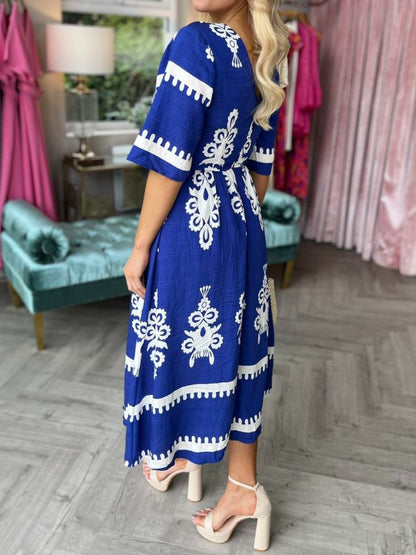 V-neck Printed Short Sleeve Midi Dress