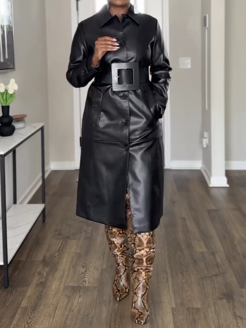 Women's Belted Faux-Leather Trench Coat