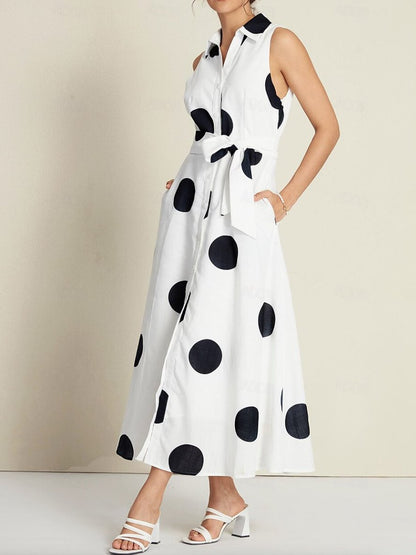 Polka Dot Sleeveless Tie Belt Maxi Dress