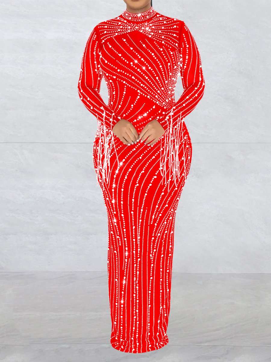 Demure Dazzle Rhinestone Maxi Dress