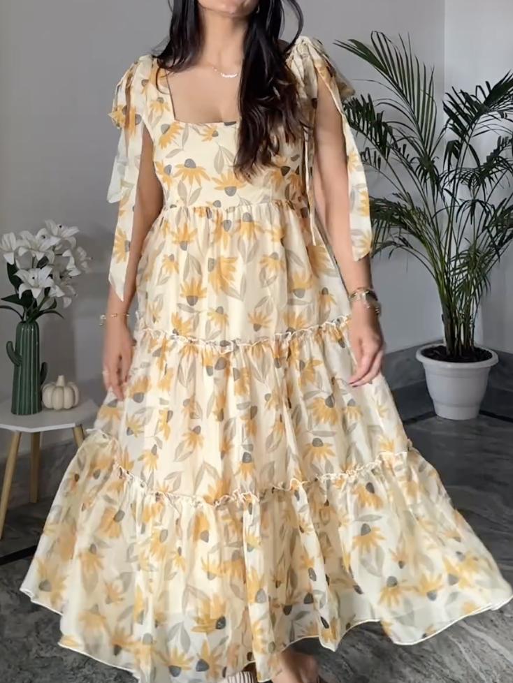 Yellow Block Print Tiered Dress