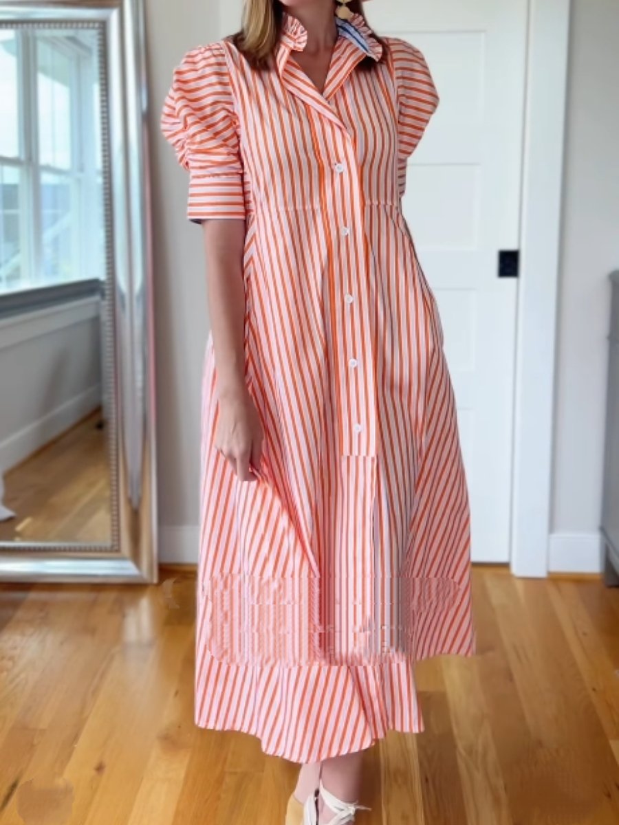 Striped Gigot Sleeve Casual Midi Dress