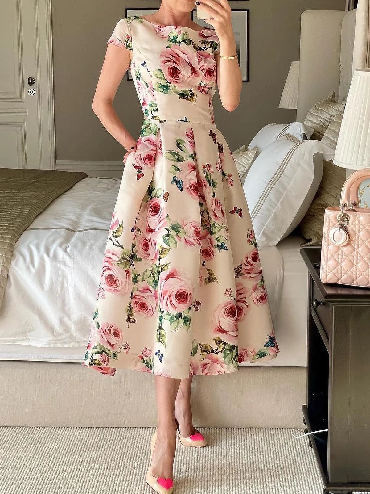 Floral Regular Fit Elegant Crew Neck Midi Dress