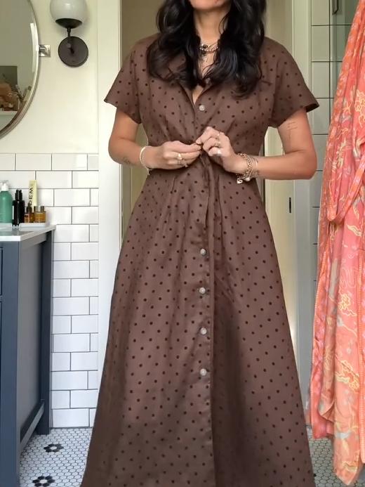 Brown Button Spotted Maxi Dress