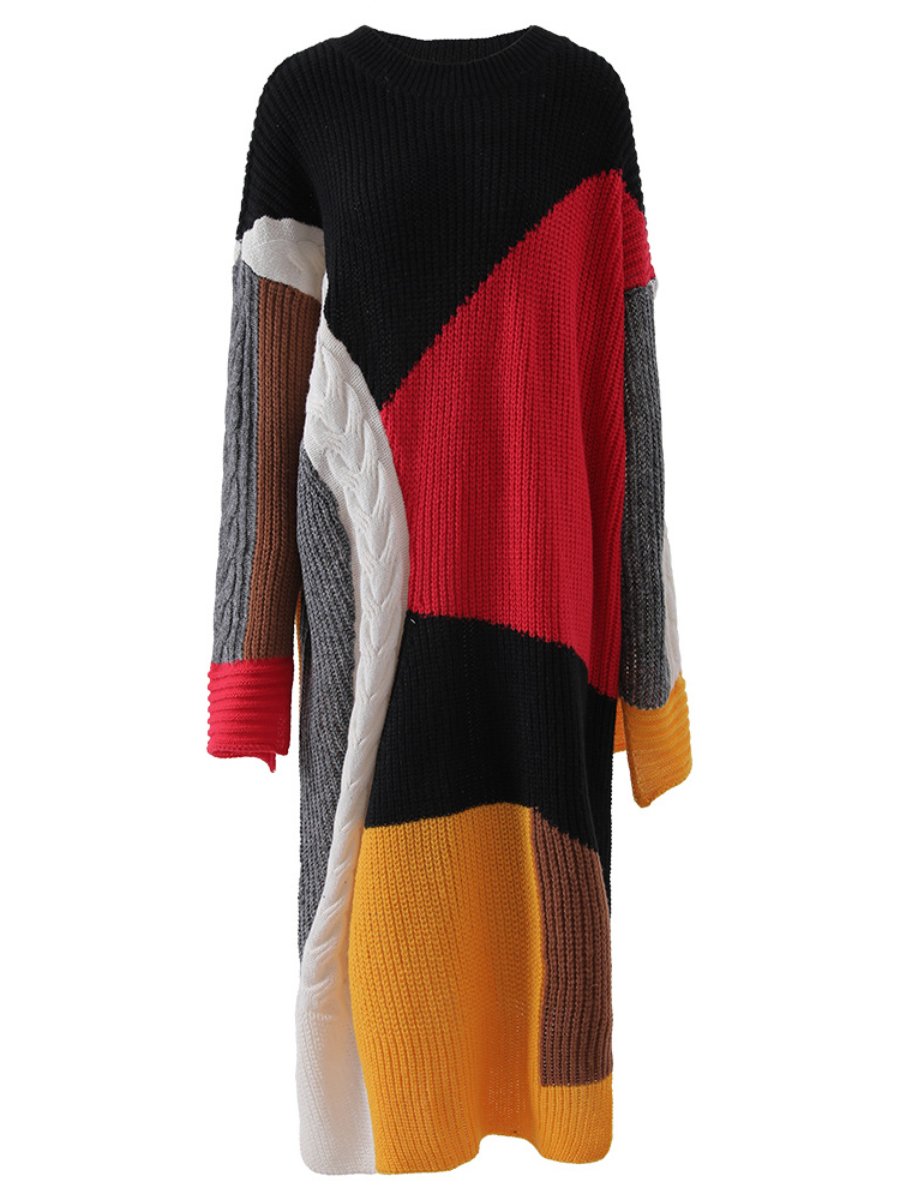 Knitted Irregular Loose Casual Color Block Maxi Sweater Dress