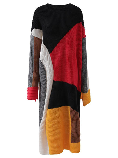 Knitted Irregular Loose Casual Color Block Maxi Sweater Dress