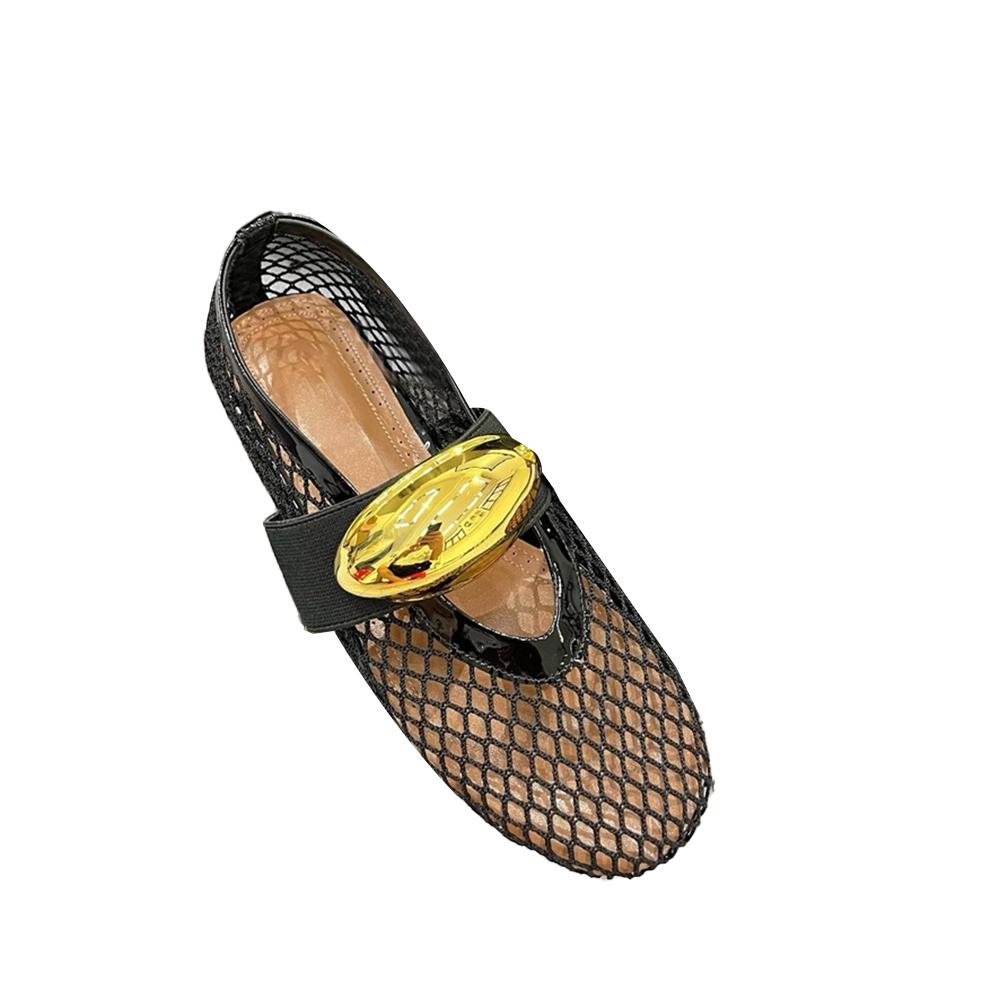 Black Mesh Ballet Flats With Brass Gold Jewel Hardware