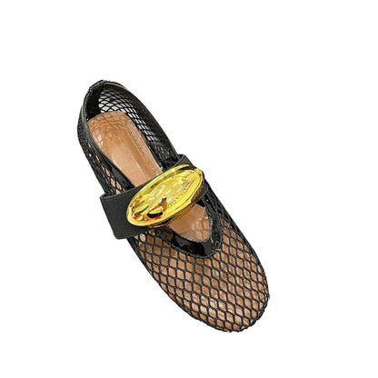 Black Mesh Ballet Flats With Brass Gold Jewel Hardware