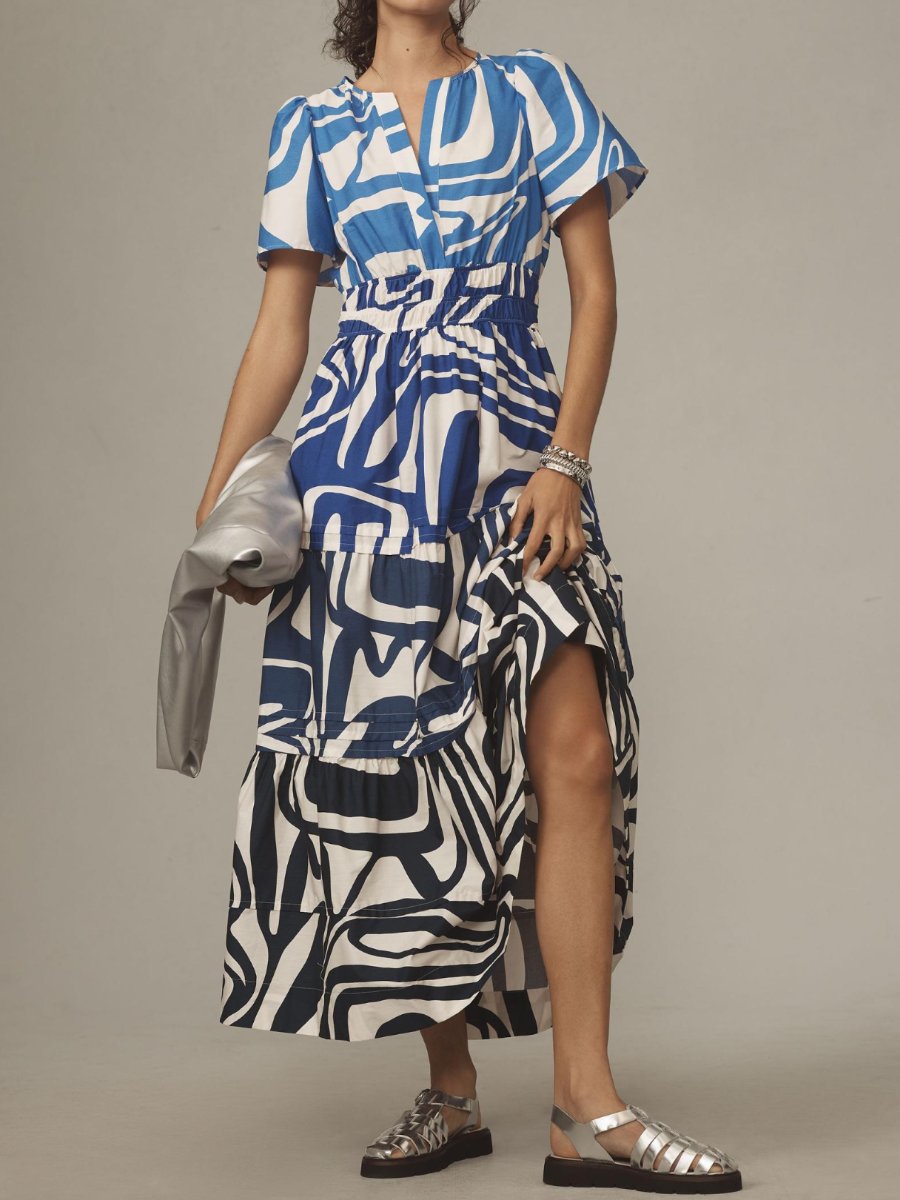 V-neck Smocked Waist Printed Maxi Dress