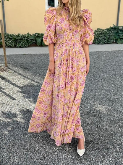 Puff Sleeve Printed Maxi Dress