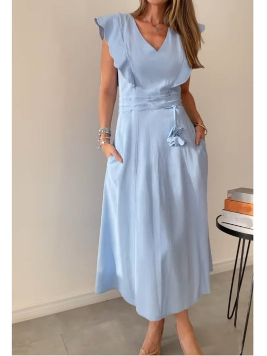 Baby Blue V-neckline Midi Dress