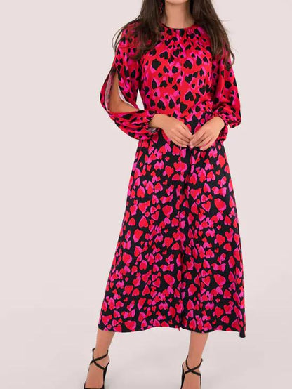 Red Heart Print Puff Sleeve Maxi Dress