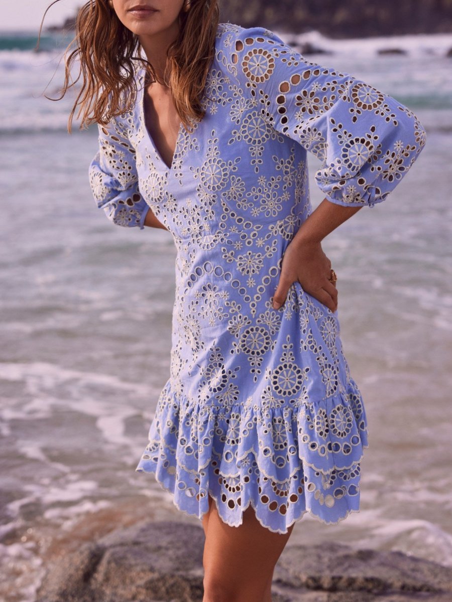 V Neck Embroidered Cutout Lace Dress