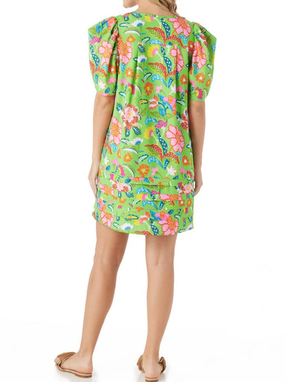 V Neck Puff Sleeve Printed Mini Dress