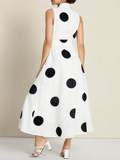 Polka Dot Sleeveless Tie Belt Maxi Dress