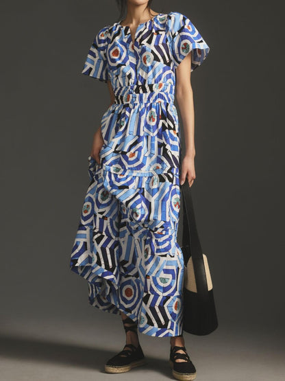 V-neck Smocked Waist Printed Maxi Dress